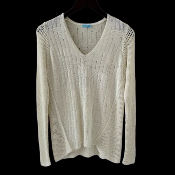 J. McLaughlin Cream V-Neck Open Stitch Long Sleeve Knit Sweater Size Small - Picture 3 of 9